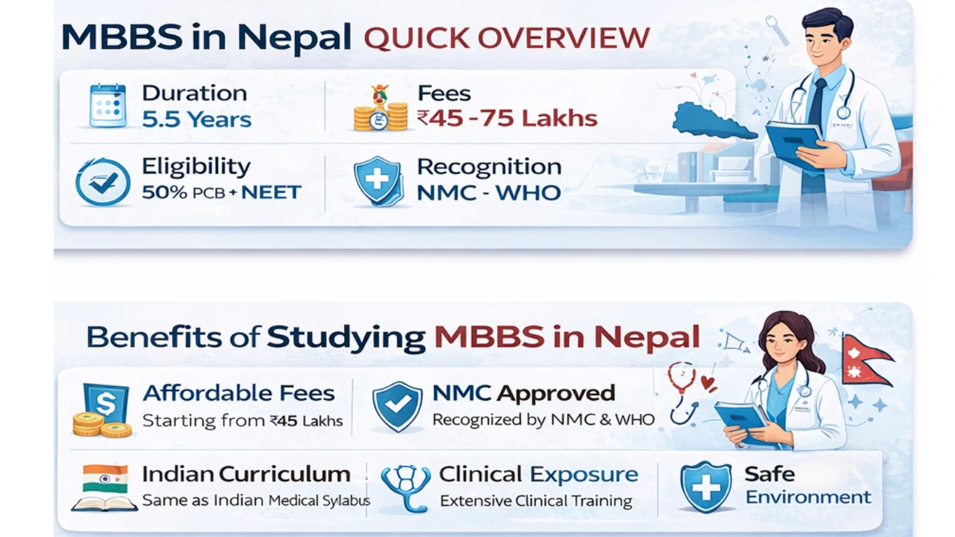 MBBS in Nepal infographic showing duration, fees, eligibility, and NMC recognition for Indian students